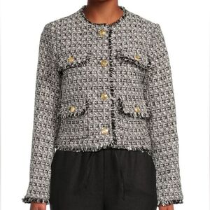 Joie Nwot Tweed Black White Button Up Fringe Blazer Jacket Size LG